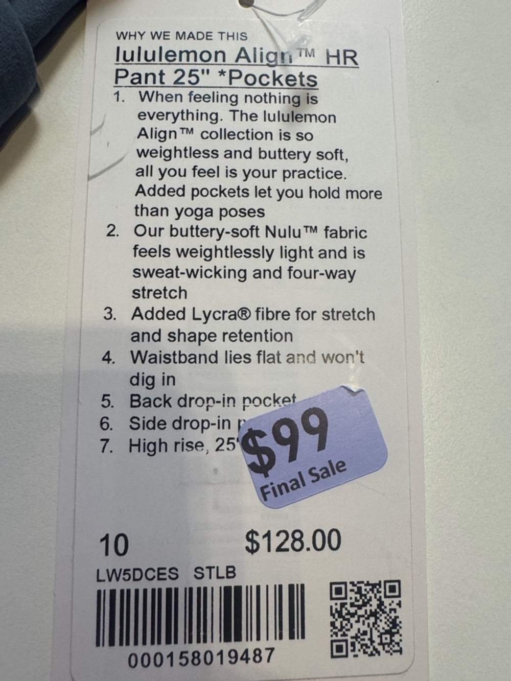 Lululemon NWT Align HR Pant with Pockets CLR: Steel Blue 25" length SZ: 10 - Picture 4 of 4